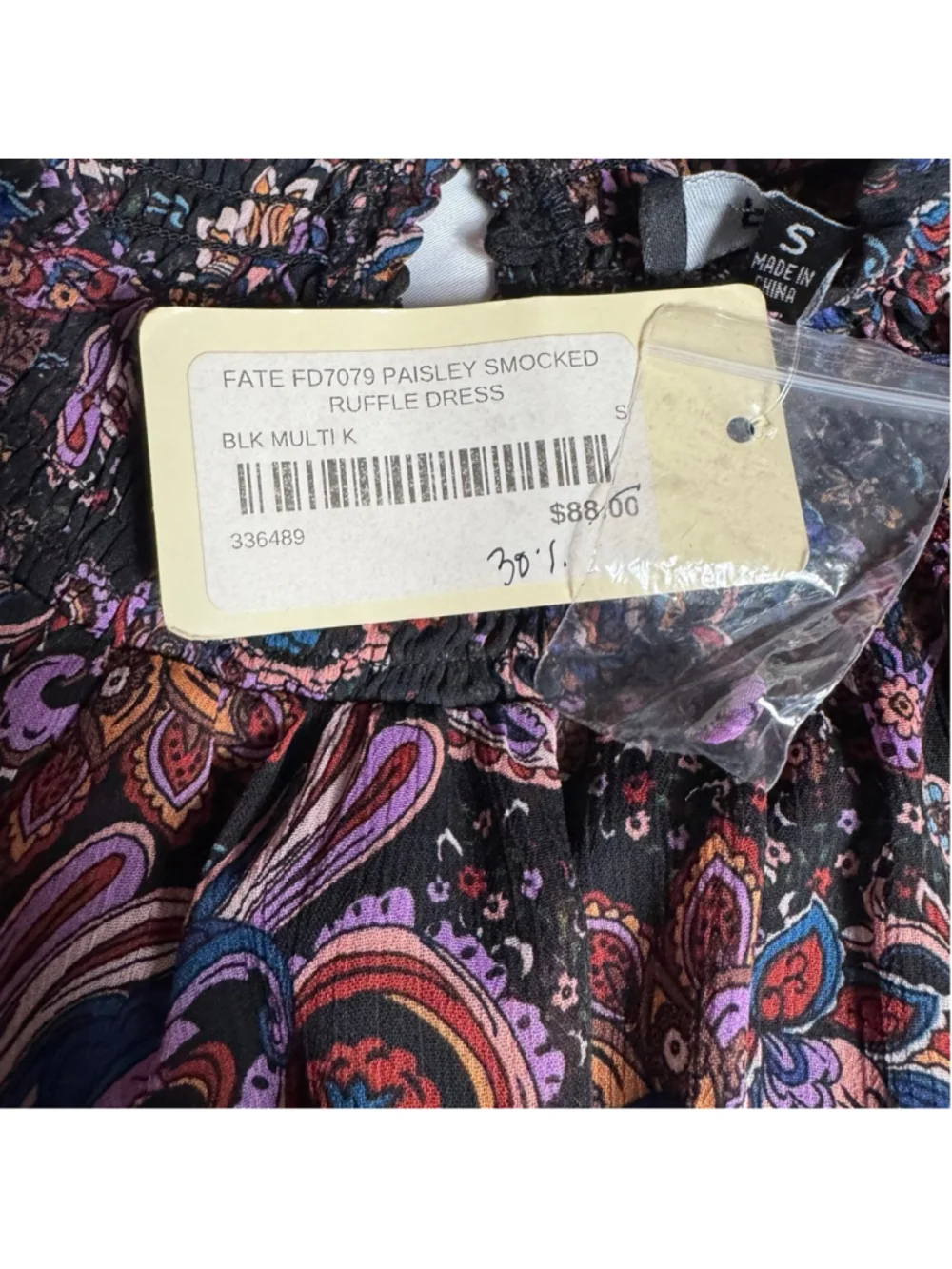 Women's Fate Black Multi-color Paisley Smocked Ruffle Long Sleeve Dress S